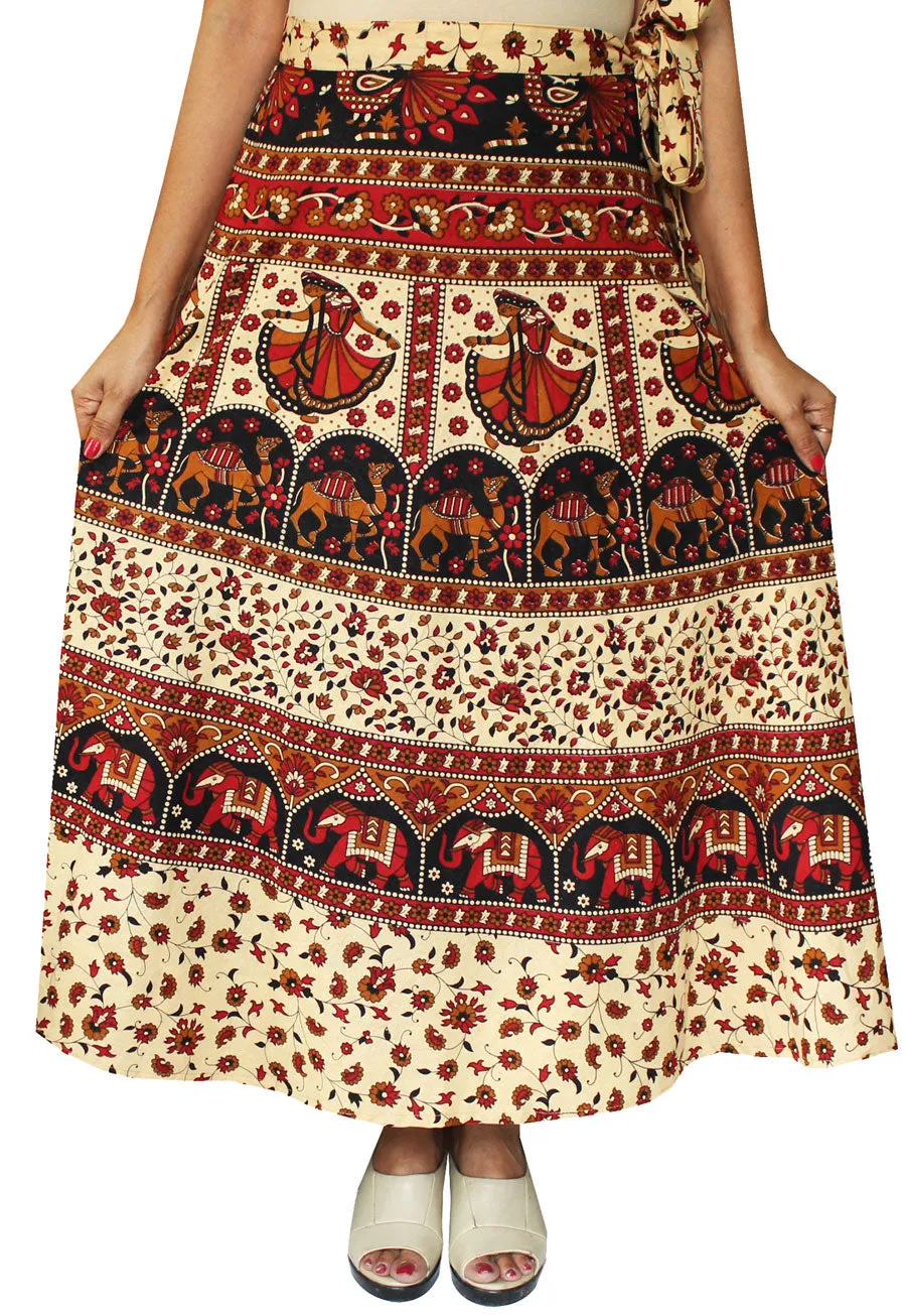 Indian Skirt Women's Cotton Printed Long Wrap Around Skirt (Maroon, One Size)