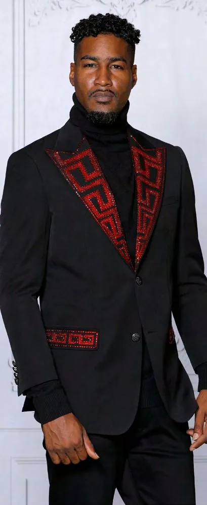 INSOMNIA MZS-532 Slim fit Black Red Velvet & Rhinestones Sport Coat