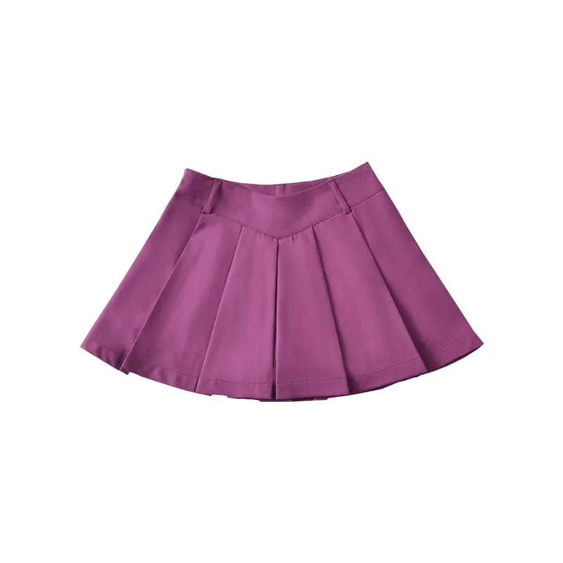 Irene Solid Color High V-Waist Pleated Mini Skirt