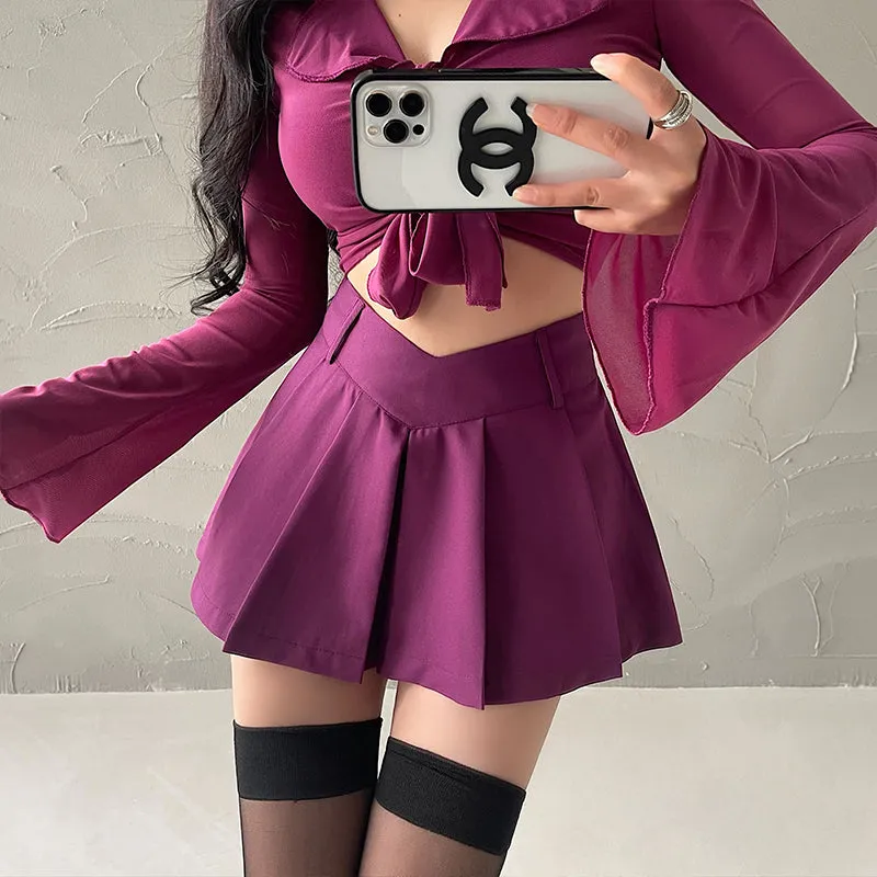 Irene Solid Color High V-Waist Pleated Mini Skirt