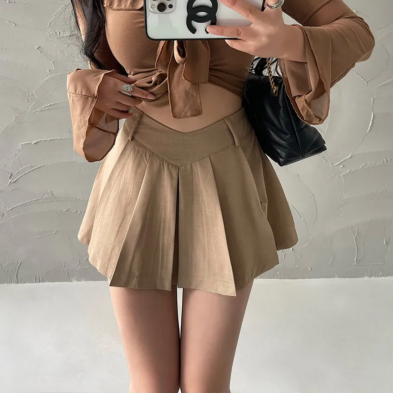 Irene Solid Color High V-Waist Pleated Mini Skirt