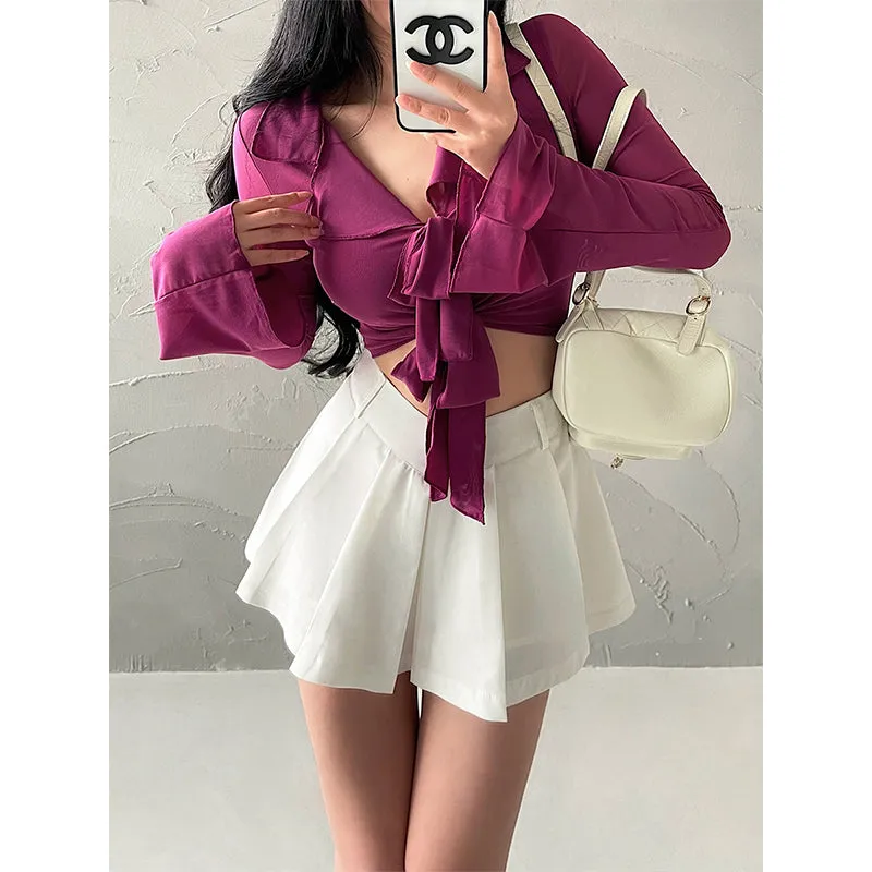 Irene Solid Color High V-Waist Pleated Mini Skirt