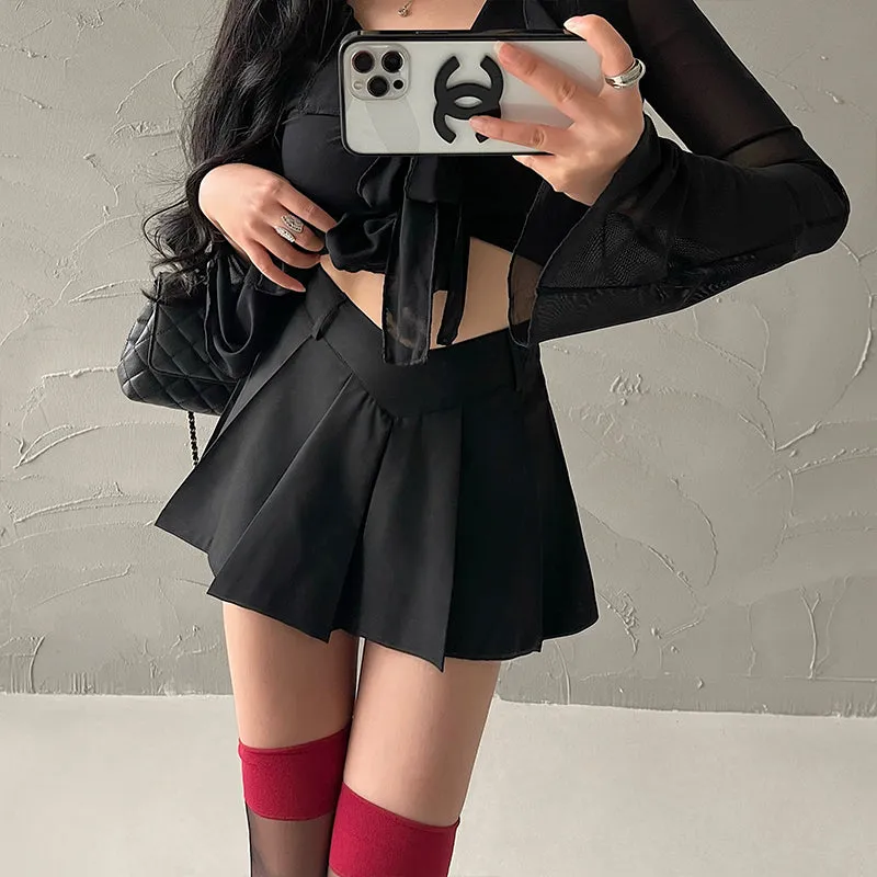 Irene Solid Color High V-Waist Pleated Mini Skirt