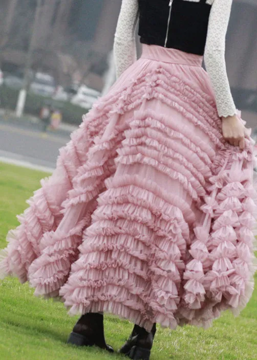 Italian Pink Ruffled High Waist Tulle Skirts Spring AB1005