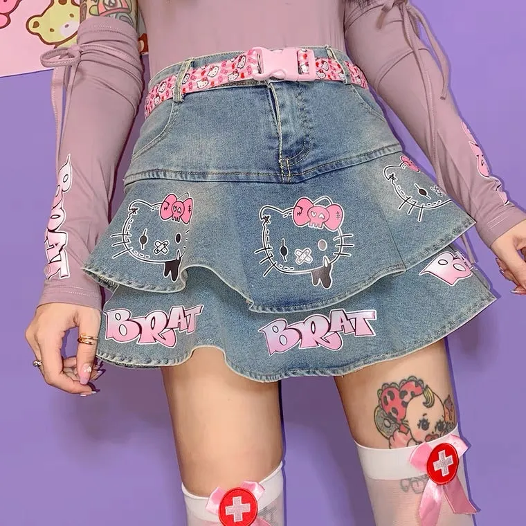 JAPANESE CUTE “HELLO KITTY” Y2K CAKE DENIM SKIRT BY50058