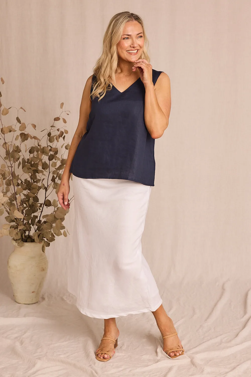 Katie Bias Cut Linen Skirt in White