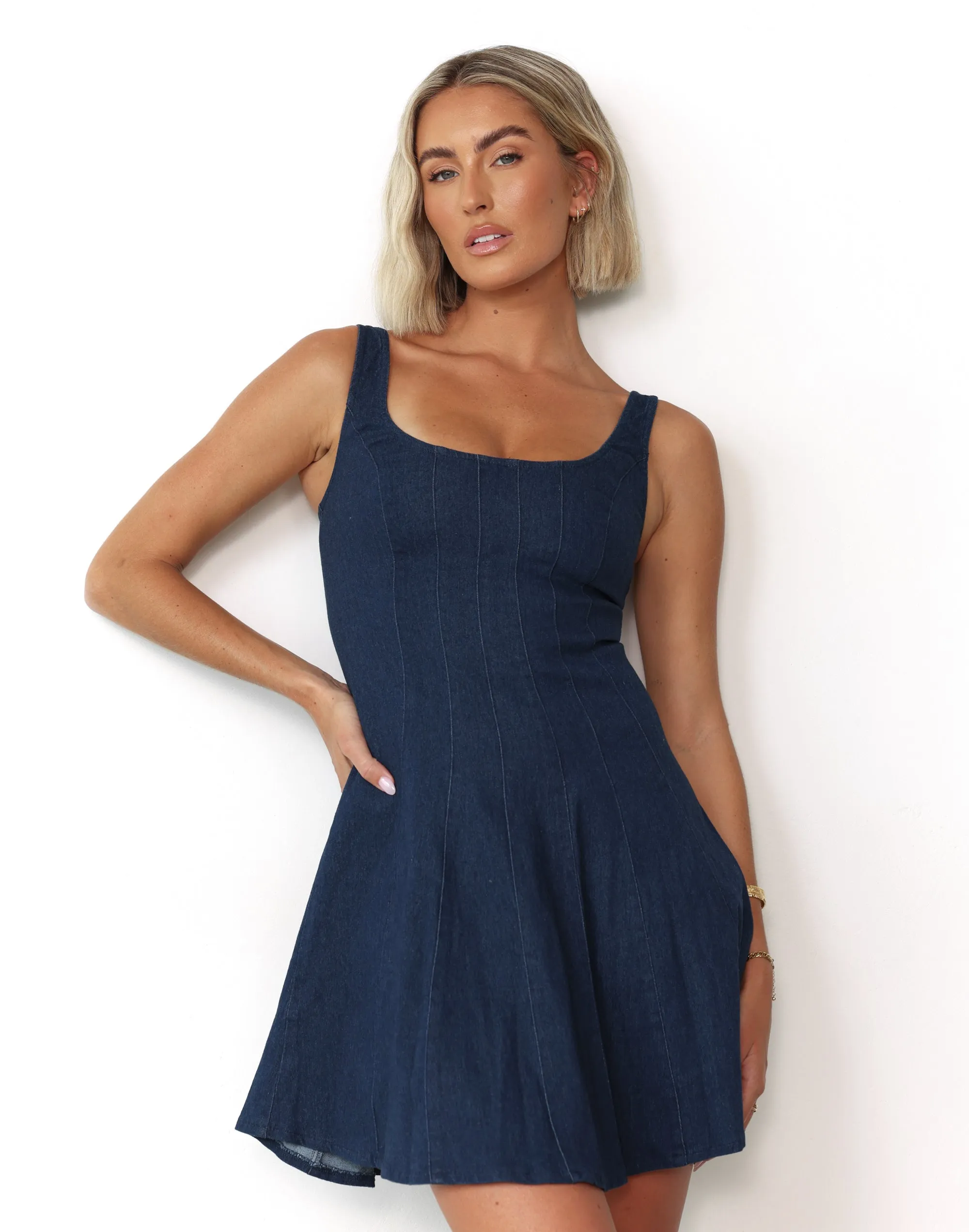 KELLA DENIM MINI DRESS (DARK DENI