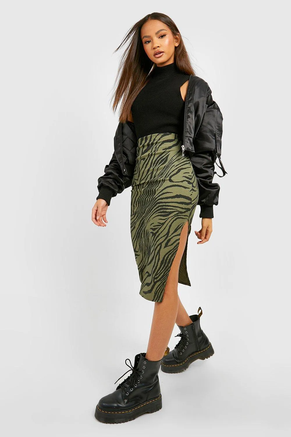 Khaki Zebra Print Rib Side Split Midi Skirt