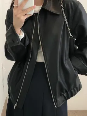 Lapel Zipper Loose Leather Biker Jacket