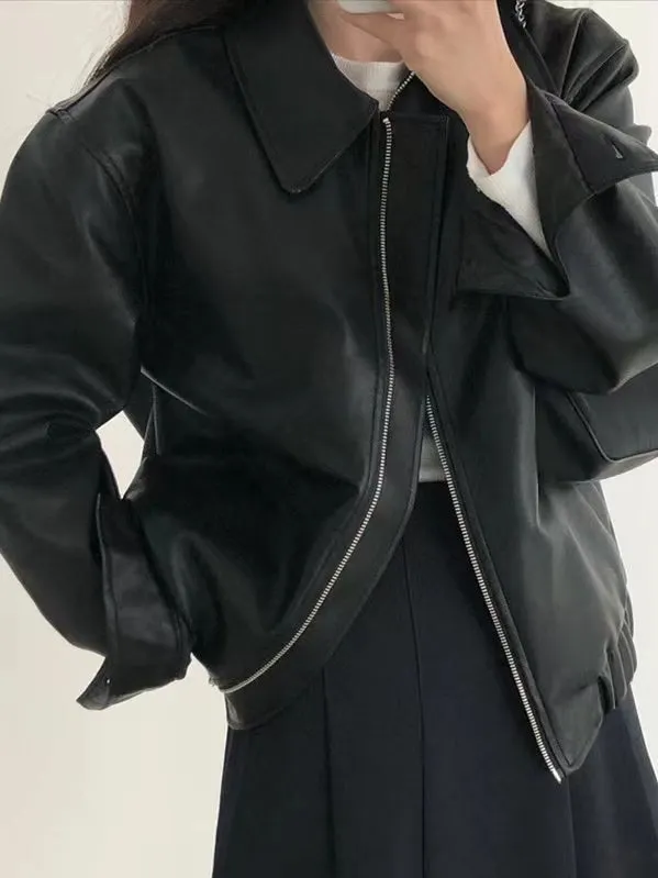 Lapel Zipper Loose Leather Biker Jacket