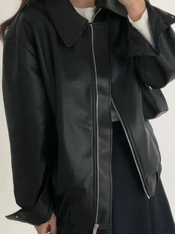 Lapel Zipper Loose Leather Biker Jacket