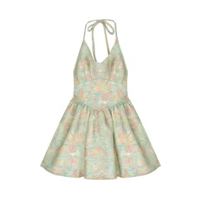 Laura Green Floral Slip V-Neck Small Waist Puffy Pleated Mini Dress