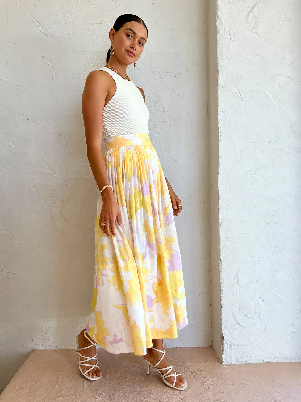 Leo Lin Elina Pleated Midi Skirt in Jasmine Sun