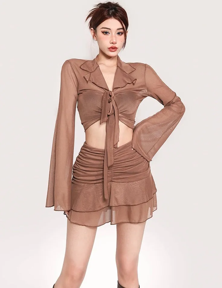 Lexi Solid Color Brown Mesh Long Sleeve Front Tie Cropped Top + High Waist Pleated Mini Skirt Matching Set