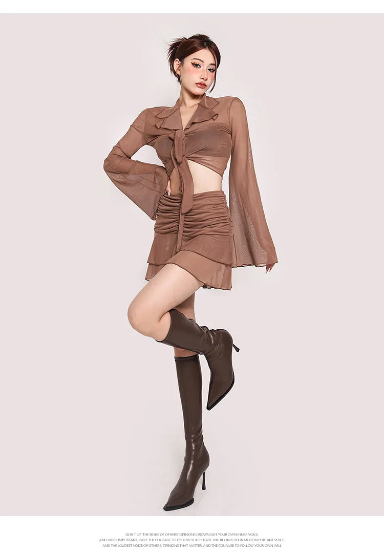 Lexi Solid Color Brown Mesh Long Sleeve Front Tie Cropped Top + High Waist Pleated Mini Skirt Matching Set