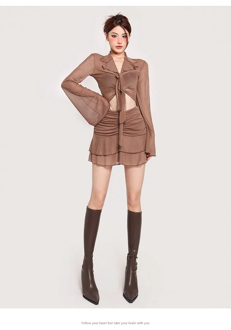 Lexi Solid Color Brown Mesh Long Sleeve Front Tie Cropped Top + High Waist Pleated Mini Skirt Matching Set