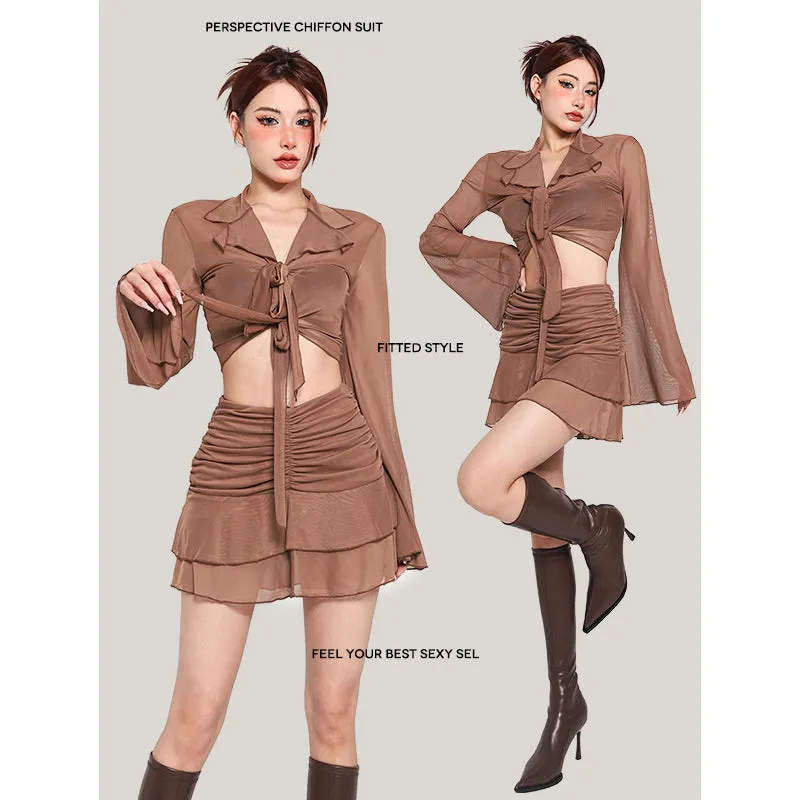 Lexi Solid Color Brown Mesh Long Sleeve Front Tie Cropped Top + High Waist Pleated Mini Skirt Matching Set