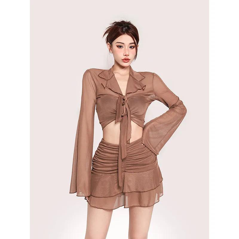 Lexi Solid Color Brown Mesh Long Sleeve Front Tie Cropped Top + High Waist Pleated Mini Skirt Matching Set