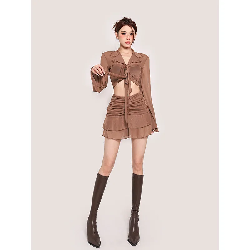 Lexi Solid Color Brown Mesh Long Sleeve Front Tie Cropped Top + High Waist Pleated Mini Skirt Matching Set