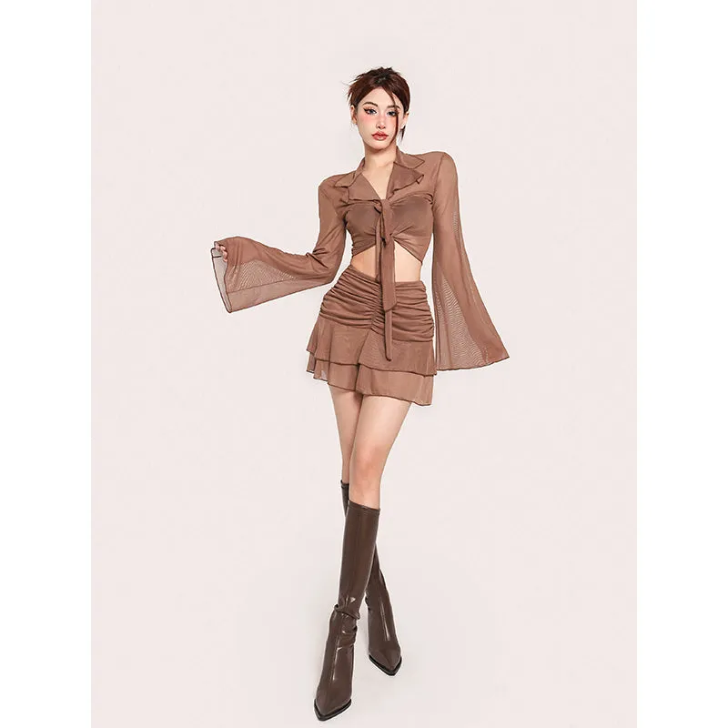 Lexi Solid Color Brown Mesh Long Sleeve Front Tie Cropped Top + High Waist Pleated Mini Skirt Matching Set