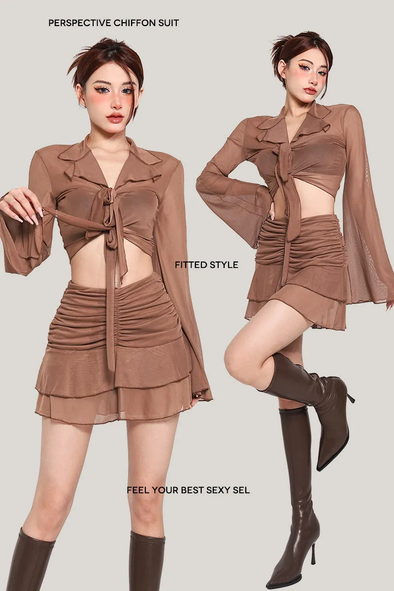 Lexi Solid Color Brown Mesh Long Sleeve Front Tie Cropped Top + High Waist Pleated Mini Skirt Matching Set