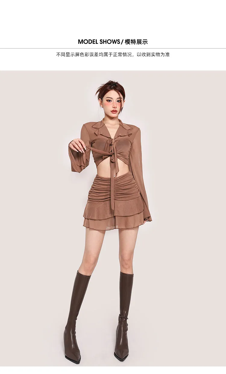 Lexi Solid Color Brown Mesh Long Sleeve Front Tie Cropped Top + High Waist Pleated Mini Skirt Matching Set