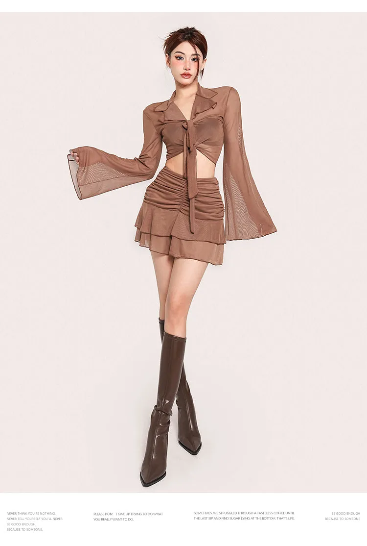 Lexi Solid Color Brown Mesh Long Sleeve Front Tie Cropped Top + High Waist Pleated Mini Skirt Matching Set