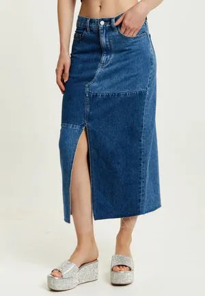 Liquorish Blue Denim Midi Skirt