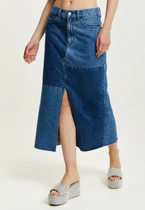 Liquorish Blue Denim Midi Skirt