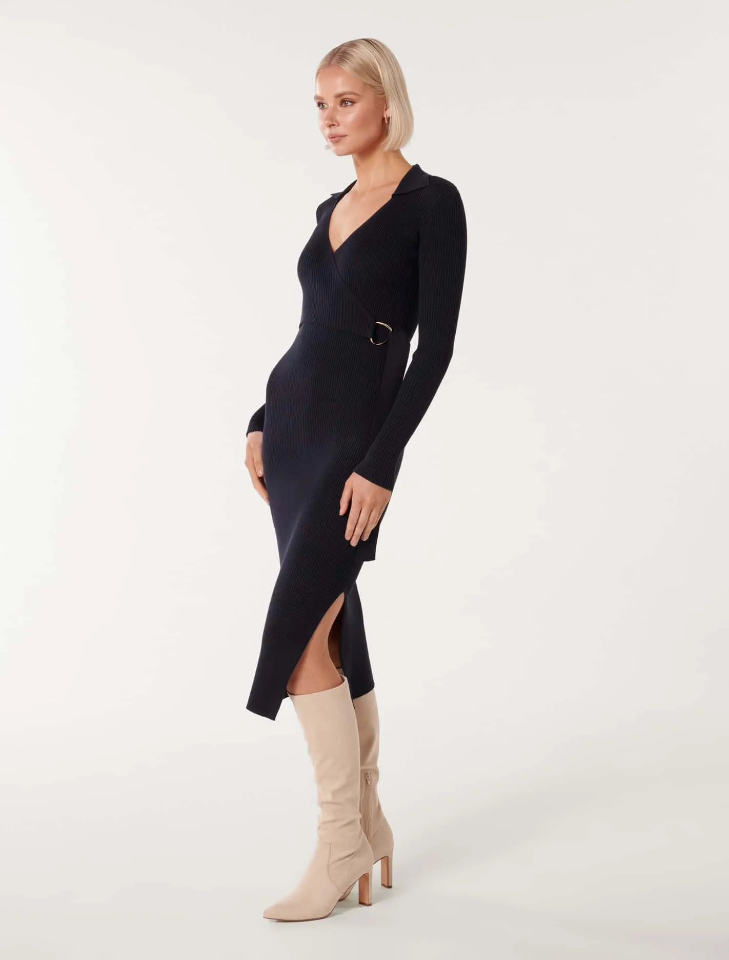 Liv Collar Wrap Midi Knit Dress