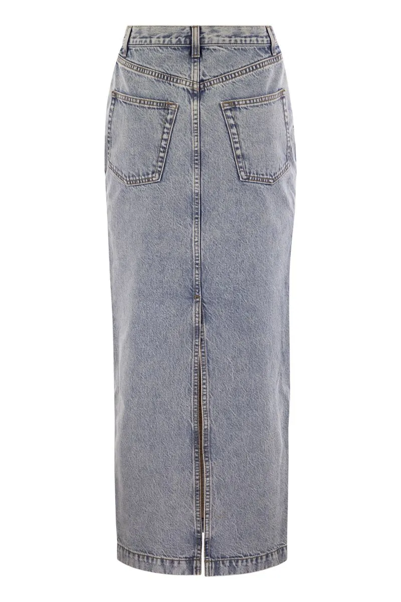 LONG SKIRT IN MARBLED DENIM