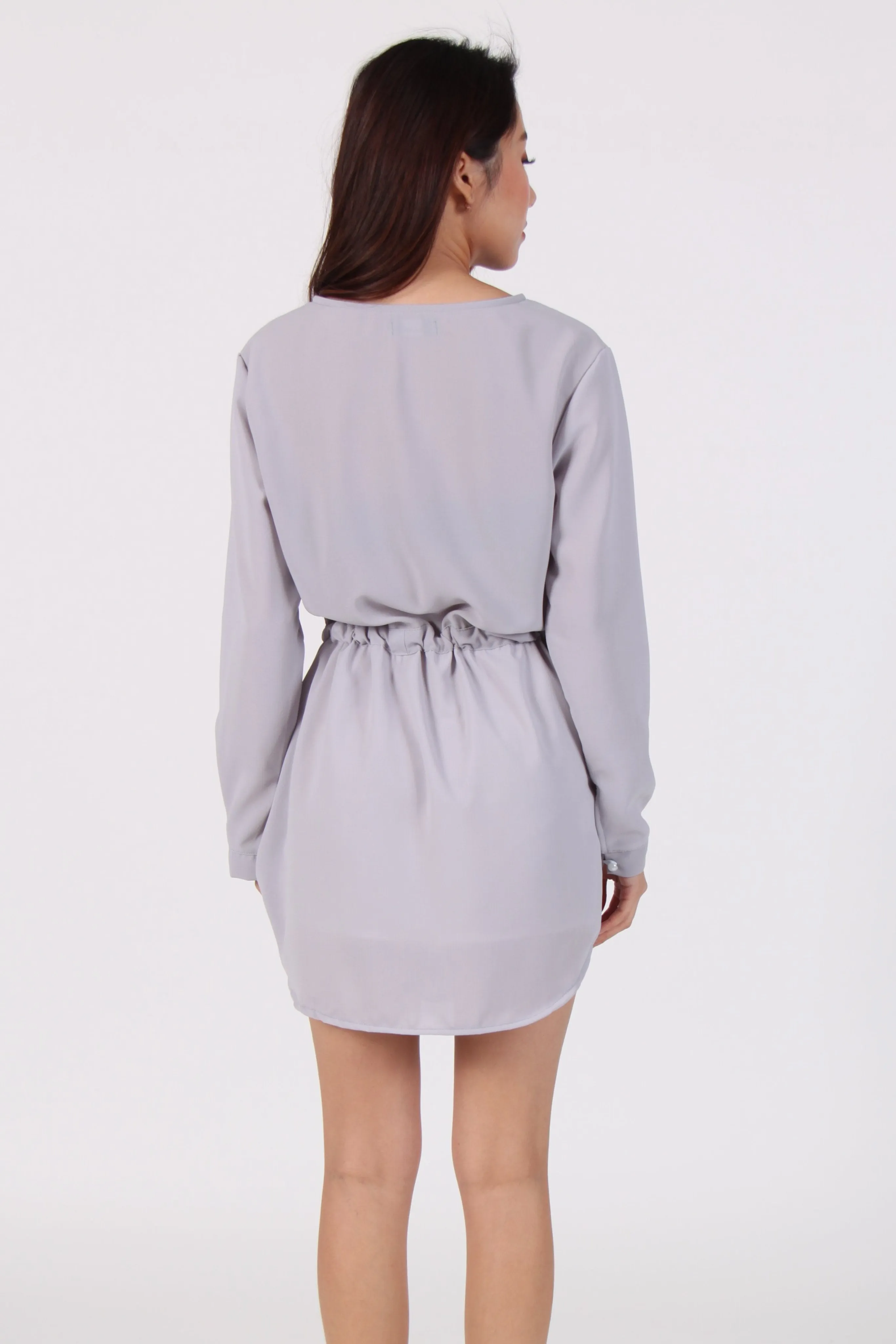 Long Sleeve Chiffon Waist Tie Dress in Light Grey