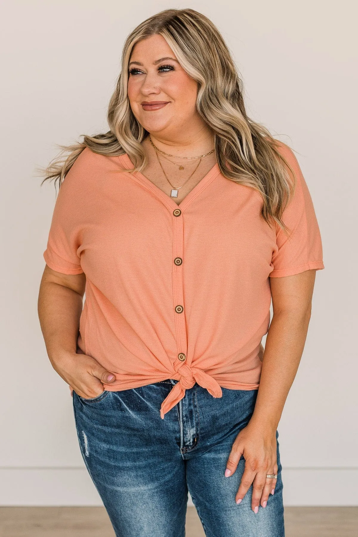 Looking Good Thermal Short Sleeve Top- Coral