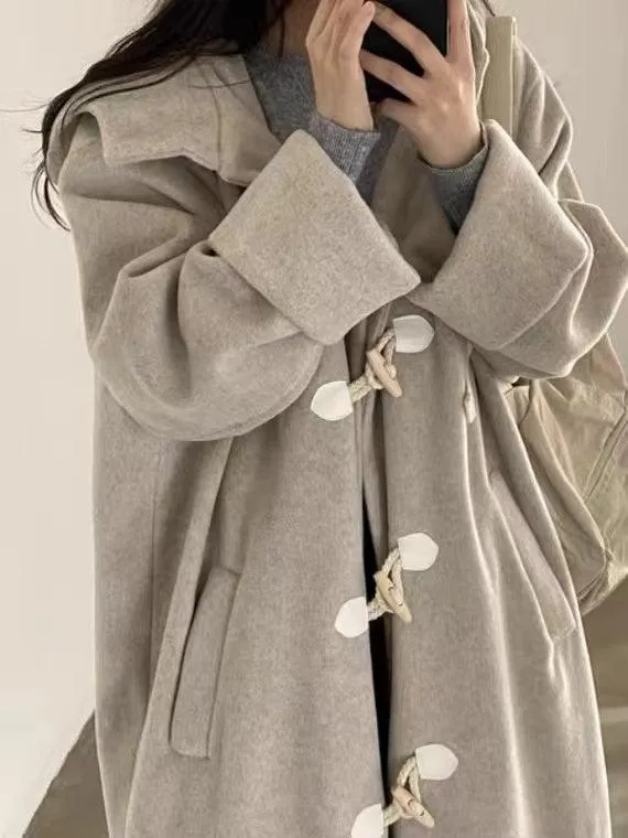 Loose Horn Button Hooded Long Woolen Coat