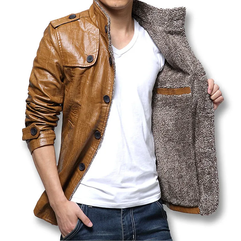 Men Jackets Fleeced Men PU Jackets Men Warm Coats Slim Fits Plus Jacquard SM6