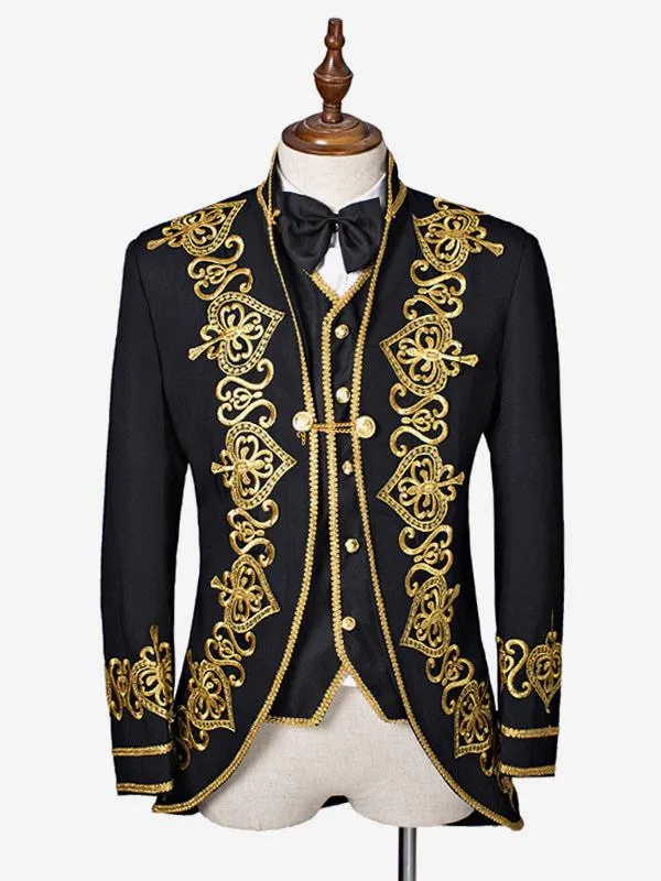 Men's Black Baroque Costume Overcoat Embroidered Court Uniform Cloth Costume Halloween