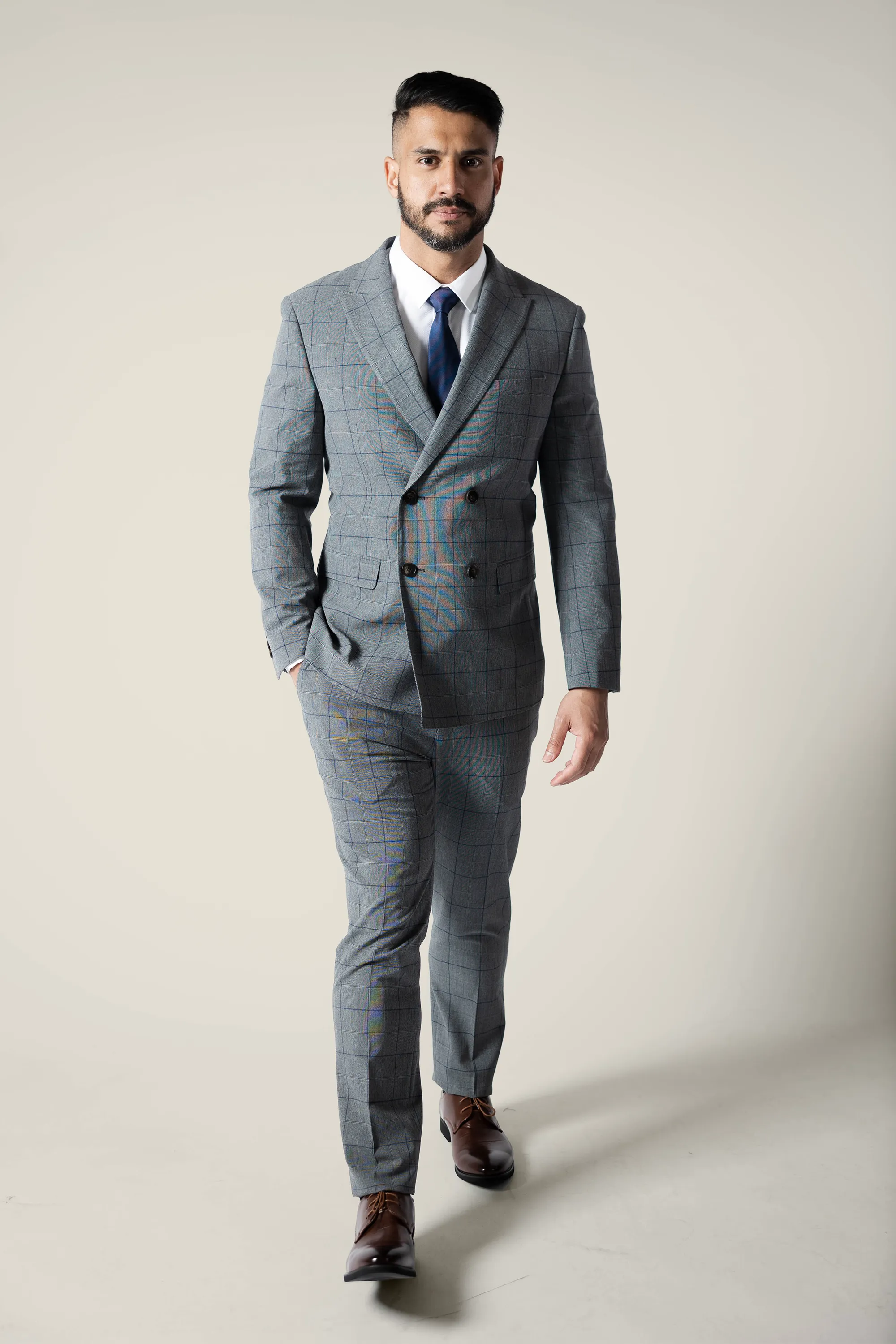 Men's Double Breasted Grey Checks Suit Jacket