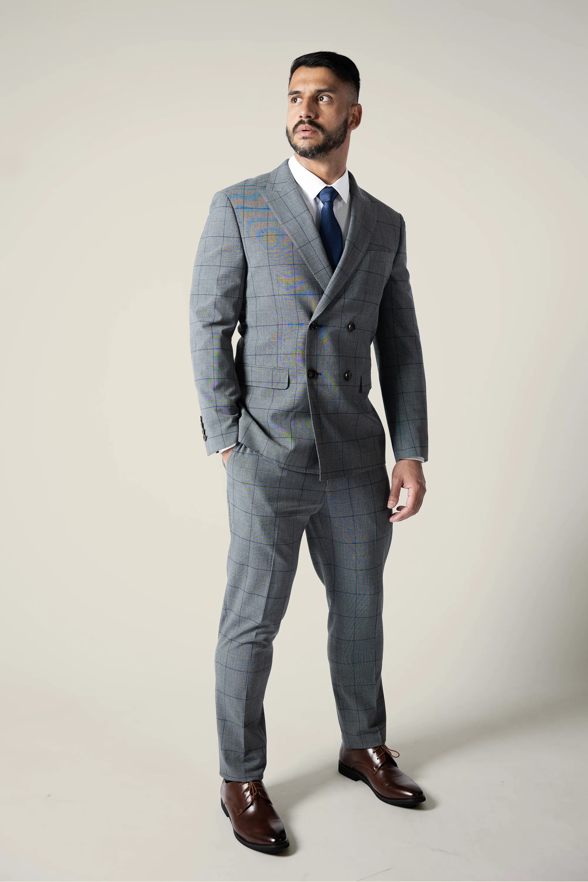 Mens Double Breasted Grey Checks Suit