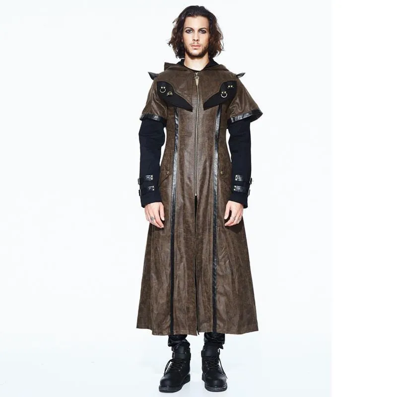 Men's Goth Faux Leather Duotone Long Coat