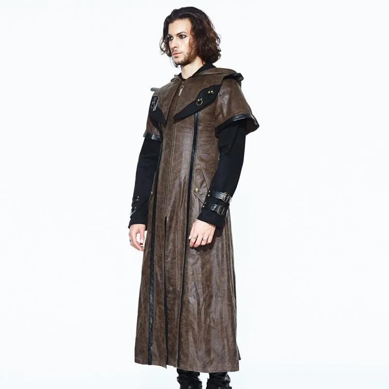 Men's Goth Faux Leather Duotone Long Coat