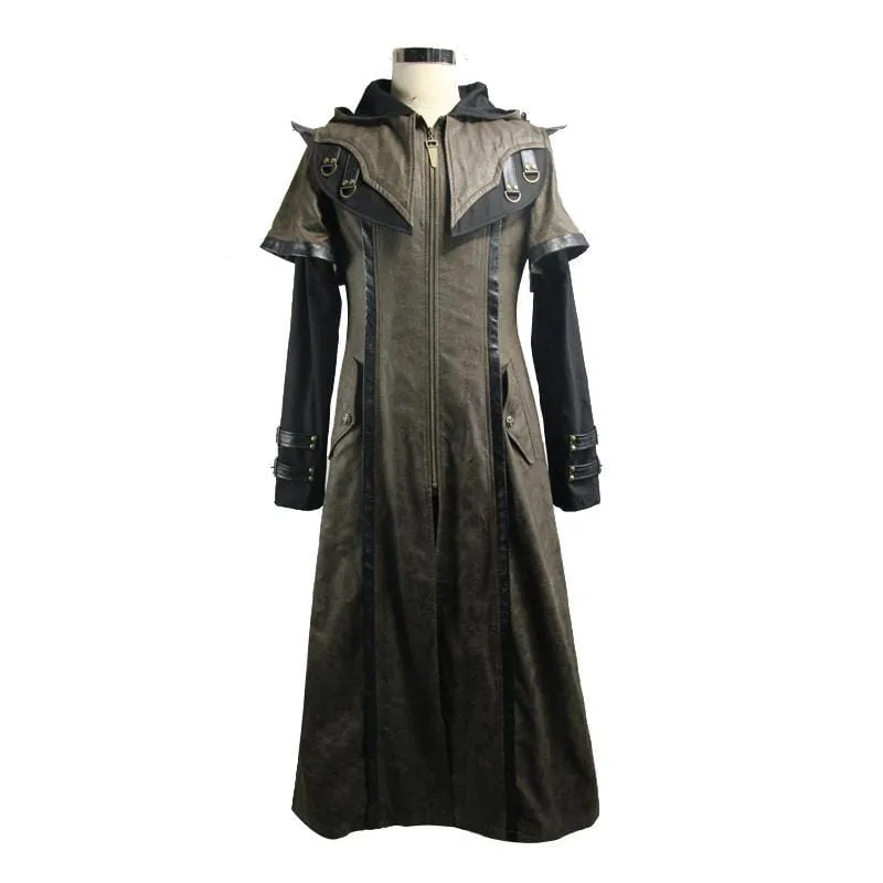 Men's Goth Faux Leather Duotone Long Coat