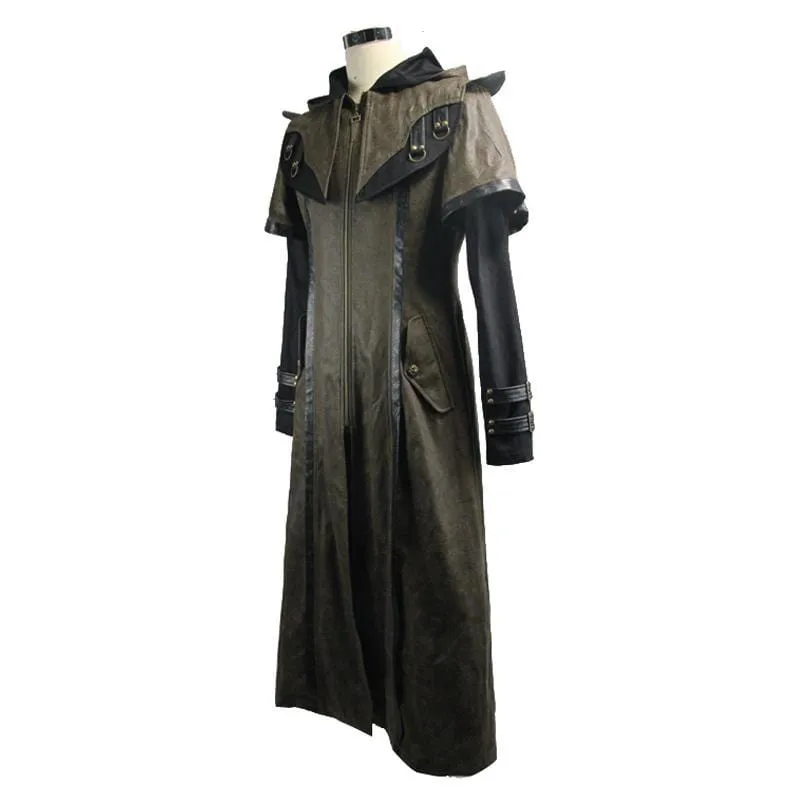 Men's Goth Faux Leather Duotone Long Coat