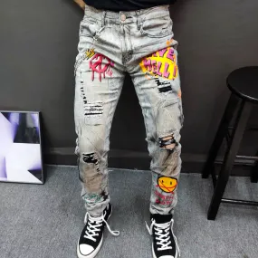 Men's Graffiti Letter Printed Mid Waist Slim Fit Skinny Calf Jeans Pants