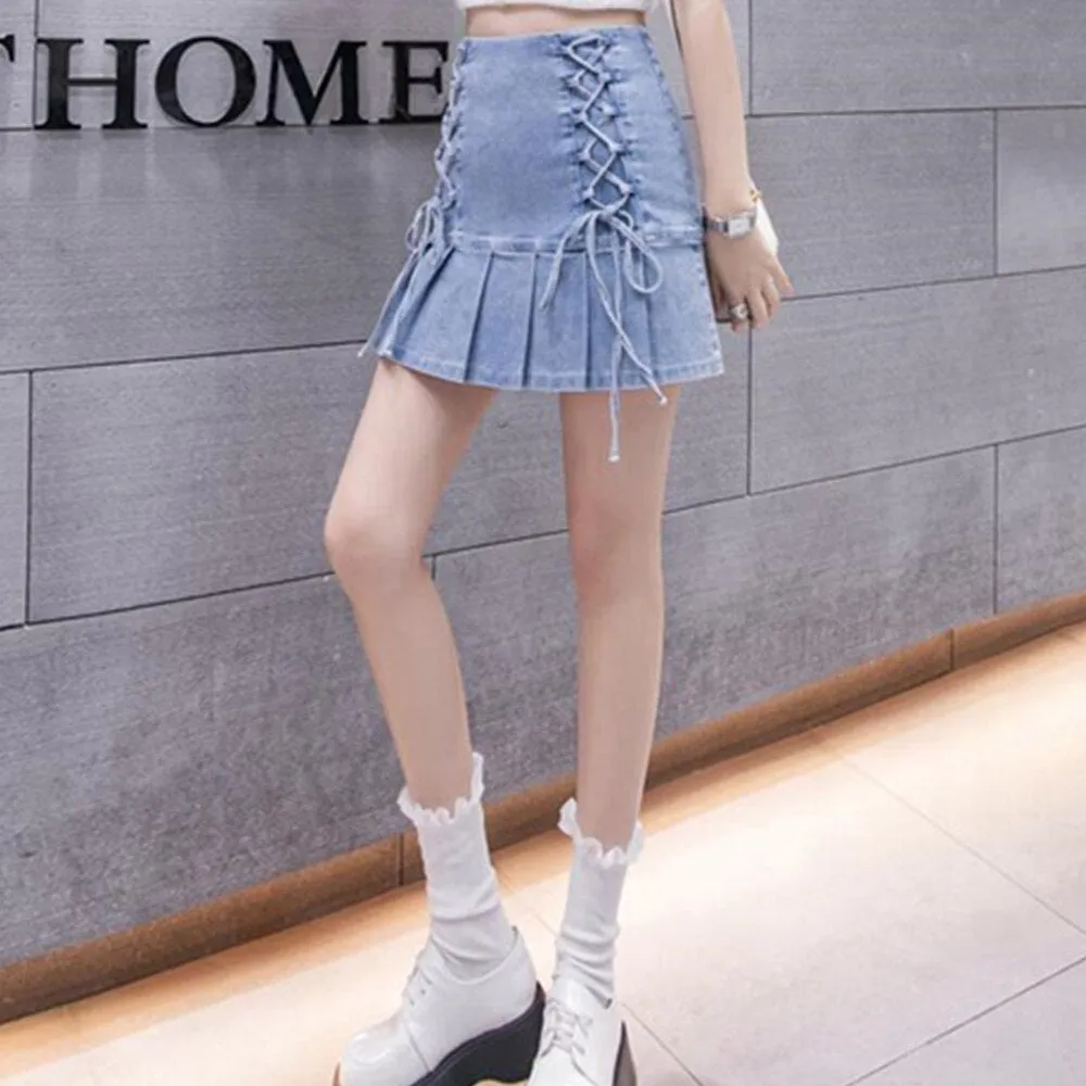 Mermaid Denim Pleated Mini Solid Casual Woman Korean Style High Waist Skirt with Lined