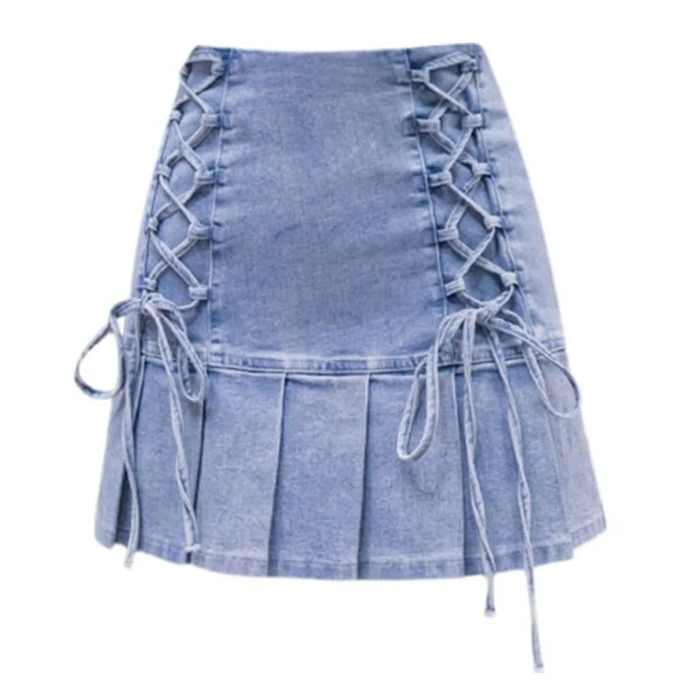 Mermaid Denim Pleated Mini Solid Casual Woman Korean Style High Waist Skirt with Lined