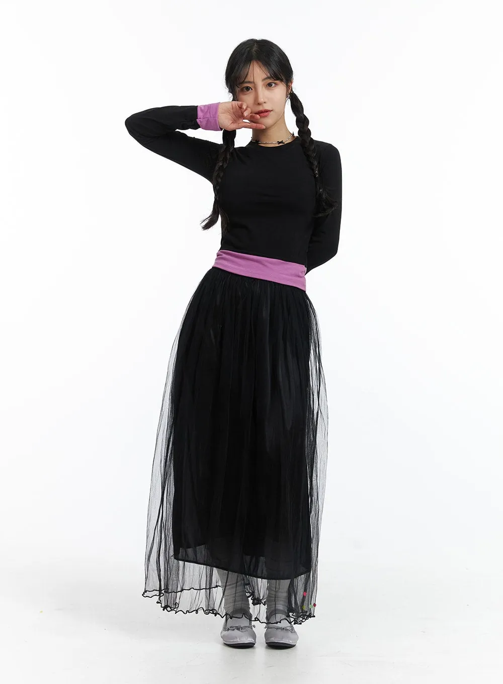 Mesh Layered A-Line Maxi Skirt OJ431