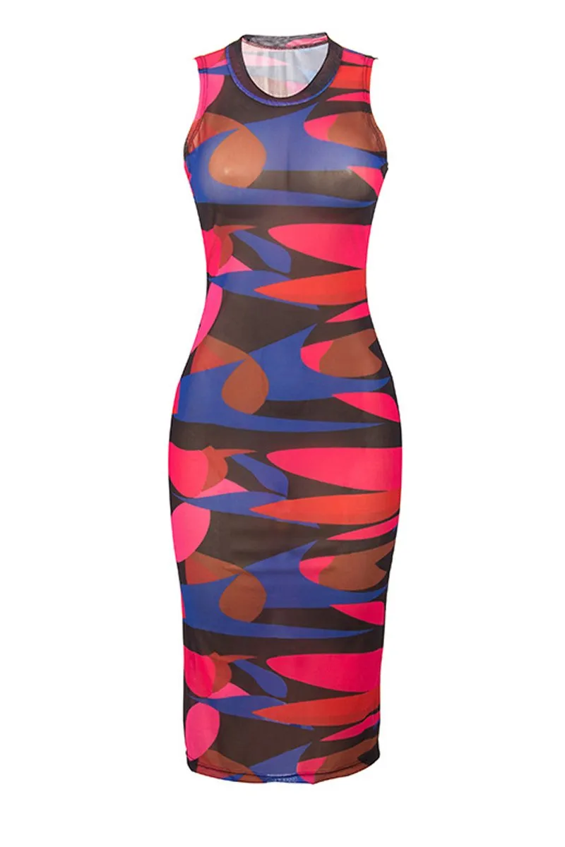 Mesh Print Sleeveless Midi Dress