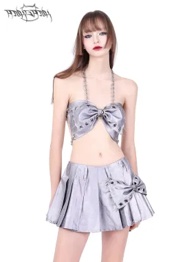 Metallic Glossy Punk Ribbon Pleats Mini-Skirt