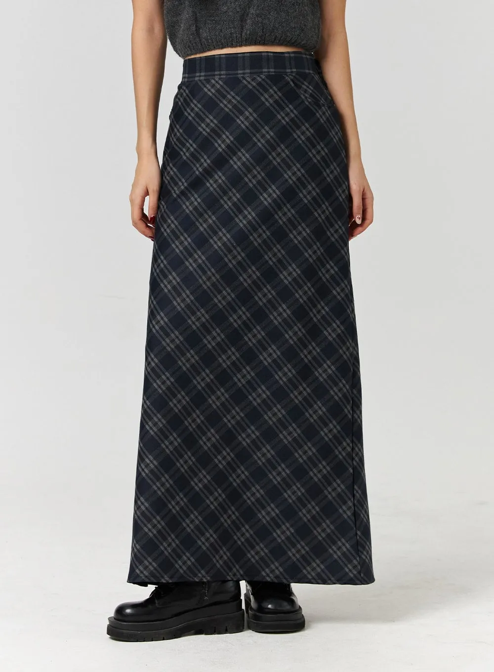 Mid Waist Check Pocket Zip Maxi Skirt CD328