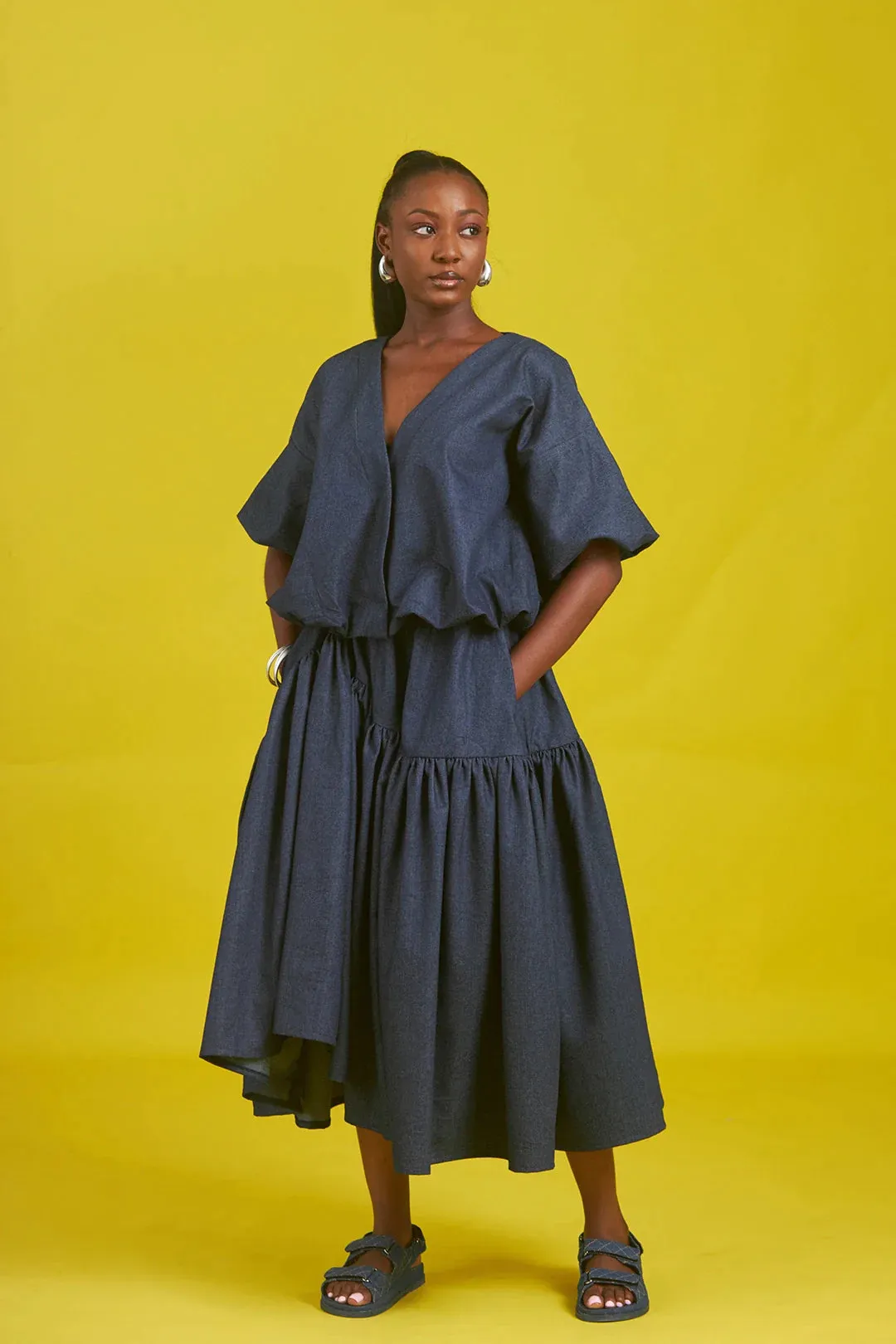 M.O.T Amaka denim skirt set, Short-sleeve bubble jacket, Asymmetric Gathered skirt